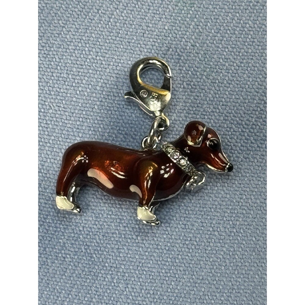 Enamel Dachshund Charm, Silver Plated Rhinestone Collar NWT